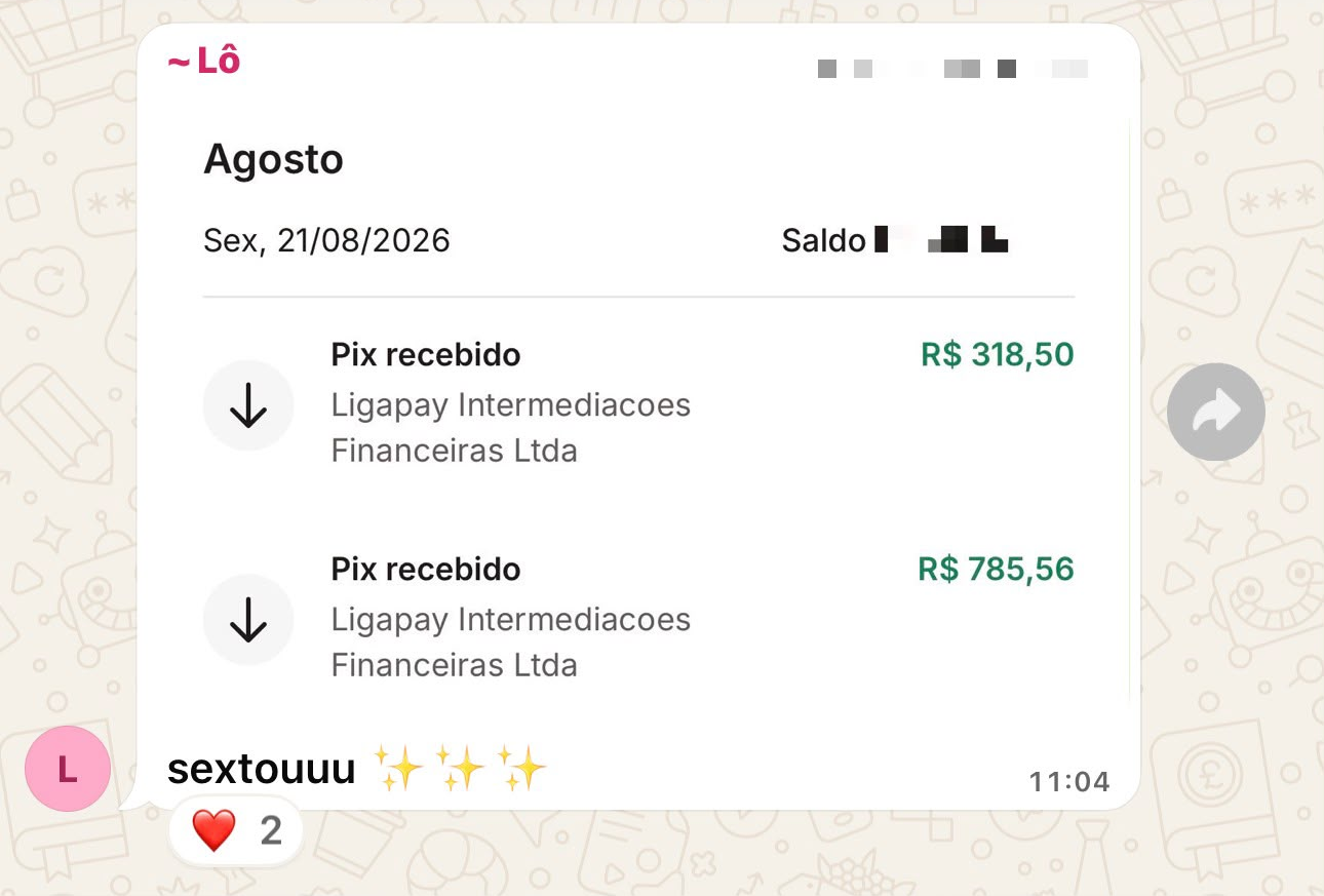 Print do grupo da Zara: Lô recebeu dois Pix, R$ 318,50 e R$ 785,56, e comemorou dizendo sextou.